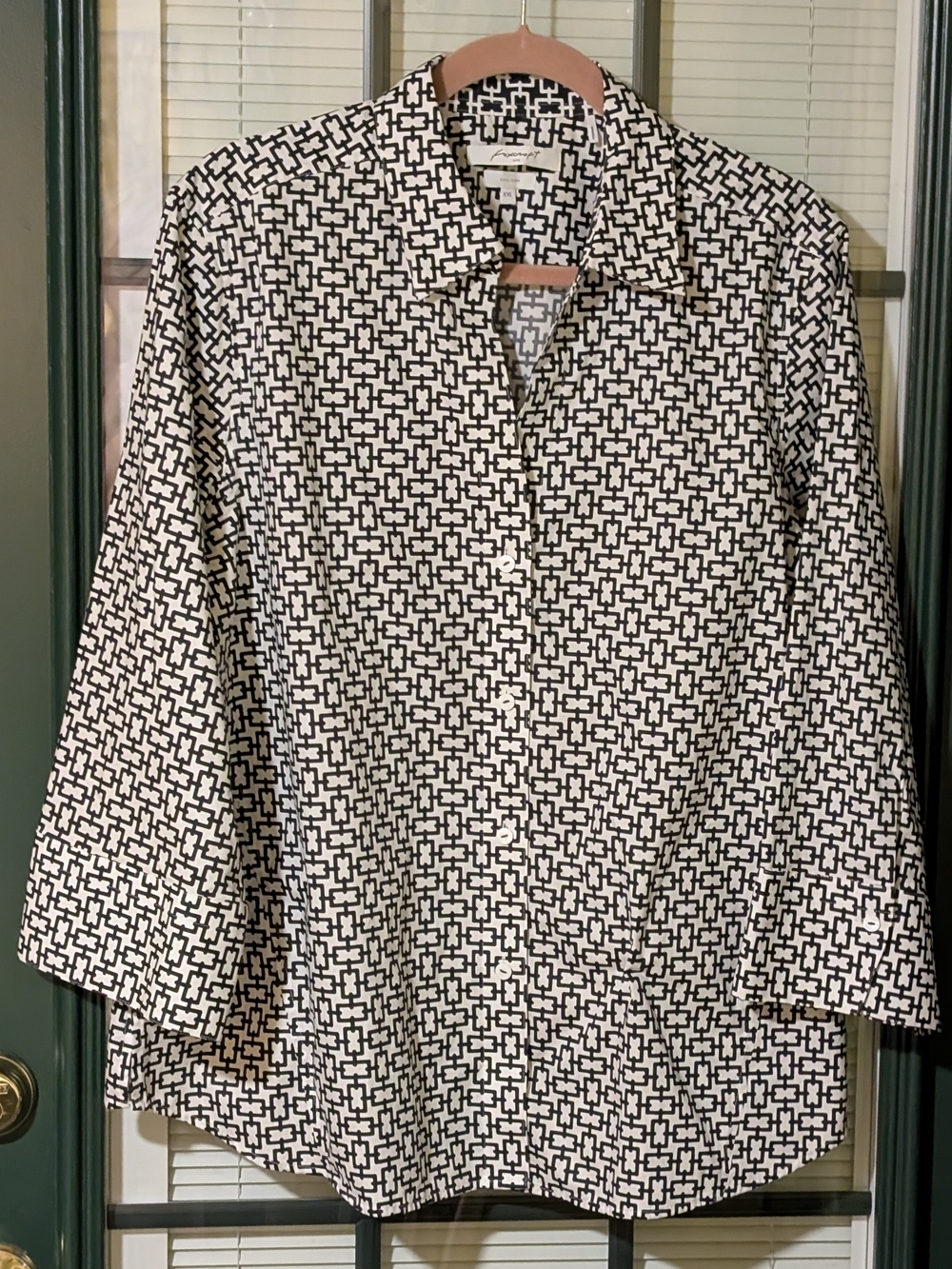 Foxcroft Black and White Geometric Button-Front Blouse